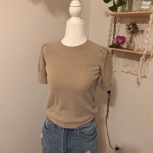 Short-Sleeve Puff Shoulder Knit Top in Beige